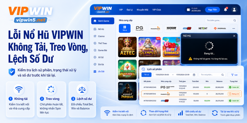Lỗi Nổ Hũ VIPWIN – Không Tải, Treo Vòng, Lệch Số Dư