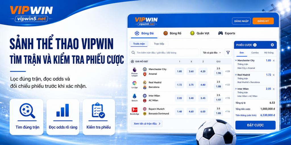 Sảnh Thể Thao VIPWIN – Tìm Trận Và Kiểm Tra Phiếu Cược